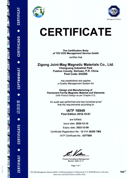 China JOINT-MAG Magnetic Materials Co., Ltd. Zigong certificaten